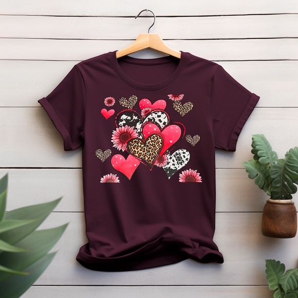 Valentine's T-shirt hearts Animal print Cow Leopard New S M L XL Pink - Picture 2 of 6